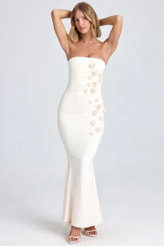 Aveline Draped Floral-Appliqué Maxi Dress in Ivory