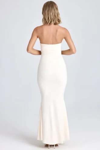 Aveline Draped Floral-Appliqué Maxi Dress in Ivory
