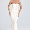 Aveline Draped Floral-Appliqué Maxi Dress in Ivory
