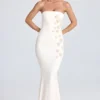 Aveline Draped Floral-Appliqué Maxi Dress in Ivory