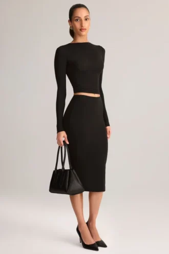 Aven Modal Mid-Rise Pencil Midi Skirt in Black
