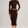 Aven Modal Mid-Rise Pencil Midi Skirt in Chocolate Brown