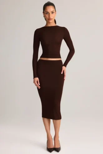 Aven Modal Mid-Rise Pencil Midi Skirt in Chocolate Brown