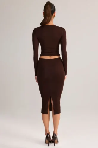 Aven Modal Mid-Rise Pencil Midi Skirt in Chocolate Brown