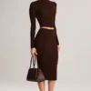 Aven Modal Mid-Rise Pencil Midi Skirt in Chocolate Brown