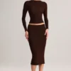 Aven Modal Mid-Rise Pencil Midi Skirt in Chocolate Brown