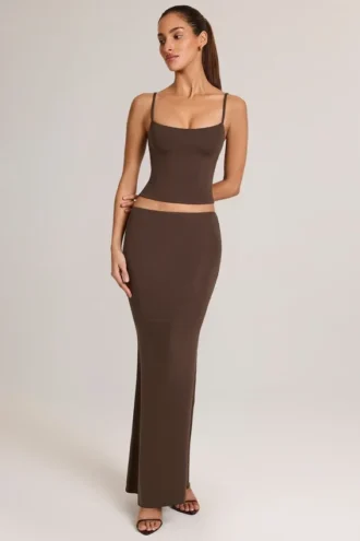 Avenley Modal Mid-Rise Fishtail Maxi Skirt in Chocolate Brown