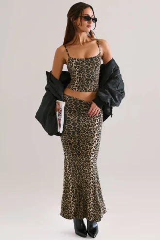 Avenley Modal Mid-Rise Fishtail Maxi Skirt in Leopard Print