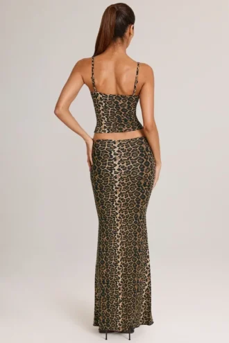 Avenley Modal Mid-Rise Fishtail Maxi Skirt in Leopard Print