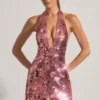 Avenza Sequin-Embellished Halterneck Mini Dress in Pink