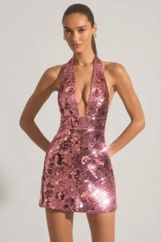 Avenza Sequin-Embellished Halterneck Mini Dress in Pink