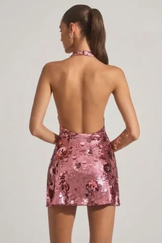 Avenza Sequin-Embellished Halterneck Mini Dress in Pink