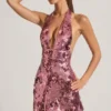 Avenza Sequin-Embellished Halterneck Mini Dress in Pink