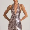 Avenza Sequin-Embellished Halterneck Mini Dress in Silver