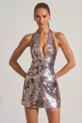 Avenza Sequin-Embellished Halterneck Mini Dress in Silver