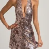 Avenza Sequin-Embellished Halterneck Mini Dress in Silver