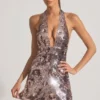 Avenza Sequin-Embellished Halterneck Mini Dress in Silver