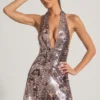 Avenza Sequin-Embellished Halterneck Mini Dress in Silver