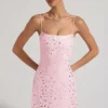 Averie Sheer Embellished Square-Neck Mini Dress in Pink