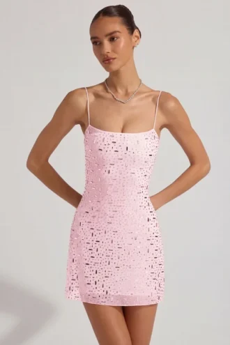 Averie Sheer Embellished Square-Neck Mini Dress in Pink