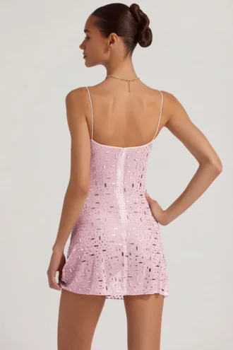 Averie Sheer Embellished Square-Neck Mini Dress in Pink
