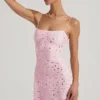 Averie Sheer Embellished Square-Neck Mini Dress in Pink