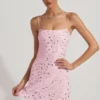Averie Sheer Embellished Square-Neck Mini Dress in Pink