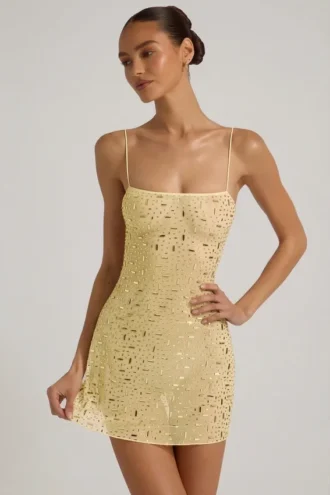 Averie Sheer Embellished Square-Neck Mini Dress in Yellow