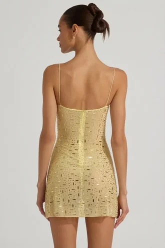 Averie Sheer Embellished Square-Neck Mini Dress in Yellow