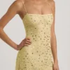 Averie Sheer Embellished Square-Neck Mini Dress in Yellow