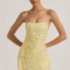 Averie Sheer Embellished Square-Neck Mini Dress in Yellow