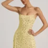 Averie Sheer Embellished Square-Neck Mini Dress in Yellow