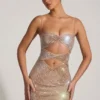 Ayleen Embellished Cut-Out Mini Dress in Almond