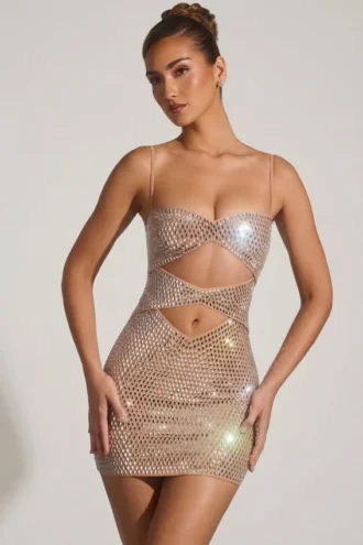 Ayleen Embellished Cut-Out Mini Dress in Almond