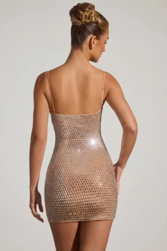 Ayleen Embellished Cut-Out Mini Dress in Almond