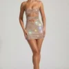 Ayleen Embellished Cut-Out Mini Dress in Almond