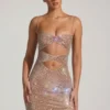 Ayleen Embellished Cut-Out Mini Dress in Almond