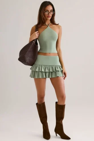 Azaria Modal Ruffle Mid-Rise Mini Skort in Sage Green