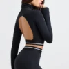 Backless Turtleneck Long-Sleeve Crop Top in Black