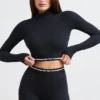 Backless Turtleneck Long-Sleeve Crop Top in Black