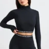 Backless Turtleneck Long-Sleeve Crop Top in Black