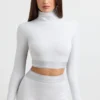 Backless Turtleneck Long-Sleeve Crop Top in Grey Marl