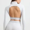 Backless Turtleneck Long-Sleeve Crop Top in Grey Marl