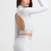 Backless Turtleneck Long-Sleeve Crop Top in Grey Marl