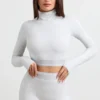 Backless Turtleneck Long-Sleeve Crop Top in Grey Marl