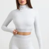 Backless Turtleneck Long-Sleeve Crop Top in Grey Marl
