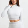 Backless Turtleneck Long-Sleeve Crop Top in Grey Marl