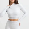 Backless Turtleneck Long-Sleeve Crop Top in Grey Marl