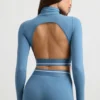 Backless Turtleneck Long-Sleeve Crop Top in Steel Blue
