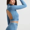 Backless Turtleneck Long-Sleeve Crop Top in Steel Blue